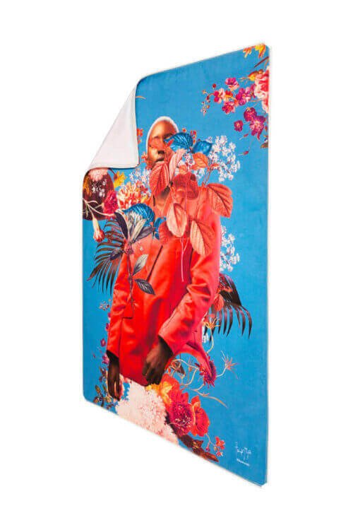 Vibrant Artfab print featuring a portrait of a figure in a red jacket surrounded by colorful flowers and foliage on a bright blue background. Designed for use with a Lightbox, this silicone-edged graphic (SEG) offers a modern display option.