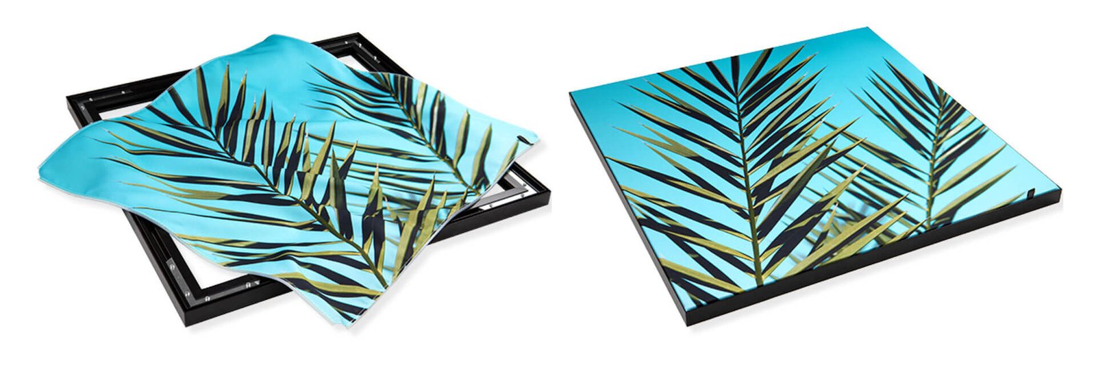 Before and after of BIG Wall Décor custom prints being inserted into the frame.