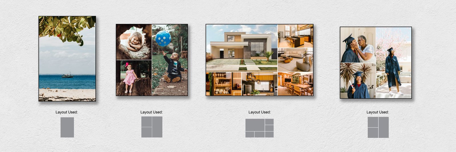 Examples of custom collage maker layouts and inspiration for what photos might look like when printed in different layouts.