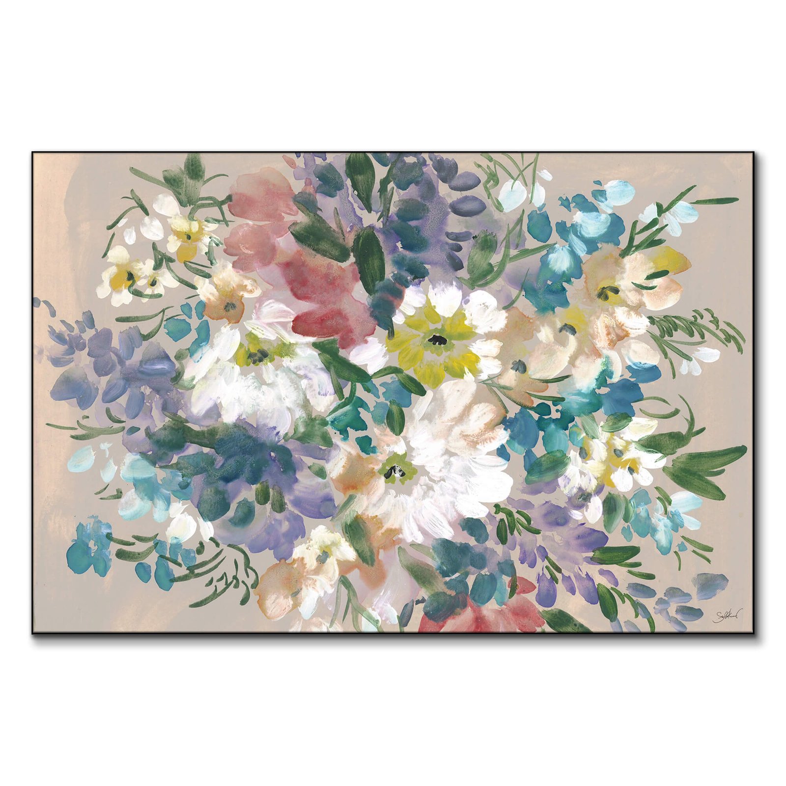 A colorful bouquet of flowers painted in watercolor on a tan background, featuring vibrant hues and delicate brushstrokes.