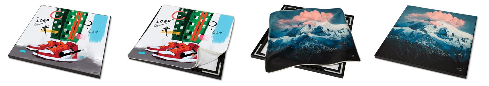 A step-by-step transition showing an art print being swapped in a frame.