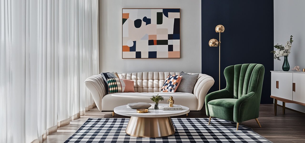 Modern minimalist maximalist living room with a cream tufted sofa, green velvet accent chair, geometric wall art, and a navy checkered rug