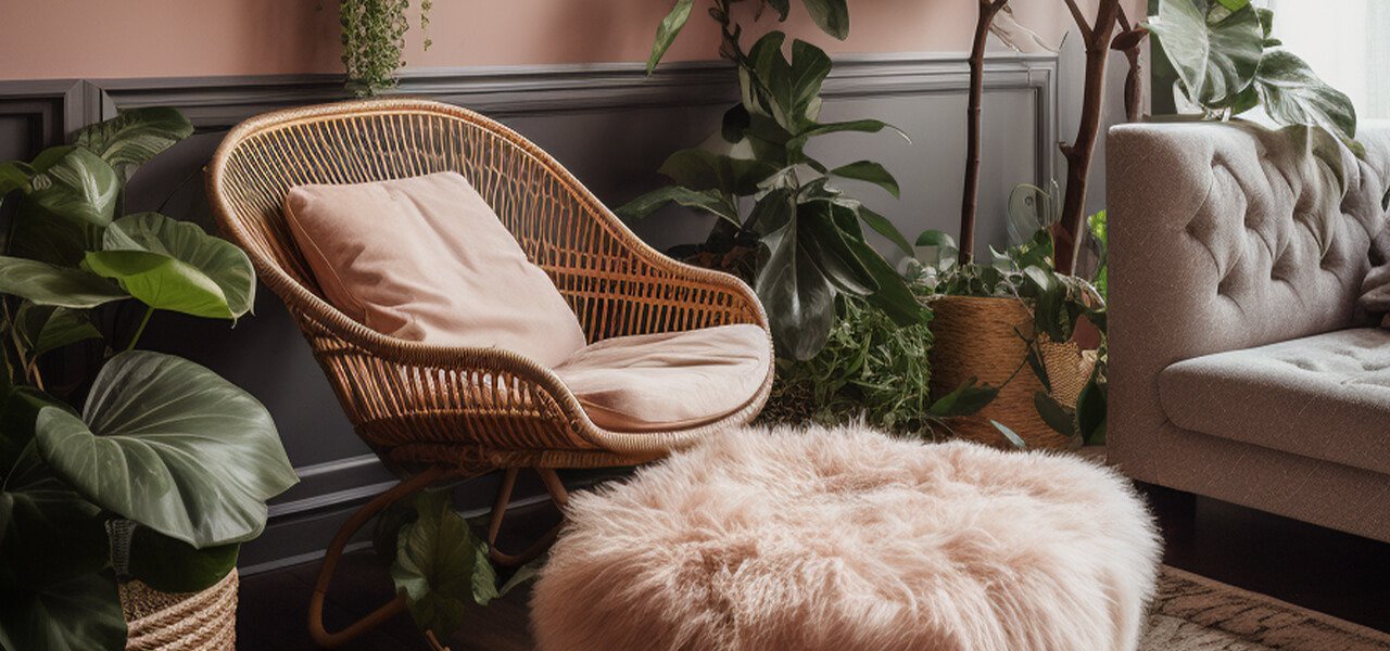 Cozy bloom room with indoor plants, a rattan chair, and soft pink décor accents