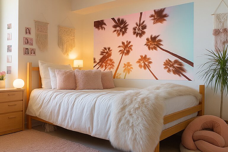 Palm tree dorm room wall art above a bed in a feminine college dorm room