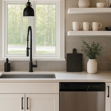 A redesign of a kitchen with floating shelves and modern white cabinetry