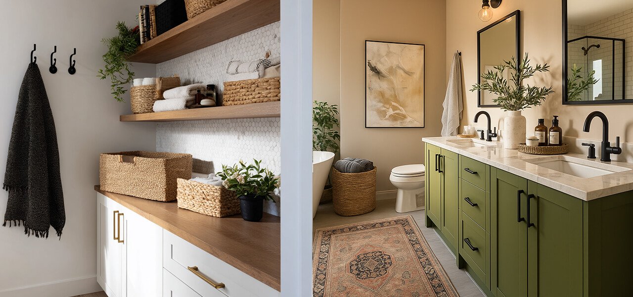 Bathroom with floating wood shelves styled with woven baskets and a second view of a green vanity with framed wall art and black fixtures
