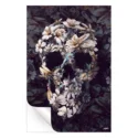 Skull created from white and pale machine flowers with butterflies and insects against a dark background.