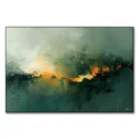 Abstract greens with a vivid streak of orange and yellow, resembling a fiery horizon.