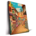 Brightly colored village painting featuring charming buildings and decorative elements.