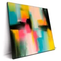 Abstract contemporary wall art featuring a harmonious blend of red, blue, and green colors with dynamic shapes.