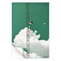A surreal image of a woman in a swimsuit on a tall ladder descending into a cloud-filled sky, evoking a sense of dreamlike adventure.