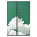 A surreal image of a woman in a swimsuit on a tall ladder descending into a cloud-filled sky, evoking a sense of dreamlike adventure.