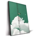 A surreal image of a woman in a swimsuit on a tall ladder descending into a cloud-filled sky, evoking a sense of dreamlike adventure.