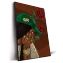 Young woman in a green hat with theatrical masks, covering her face with red roses in the background.