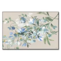 Blue and white floral watercolor painting on a tan background, featuring soft colors and delicate details.