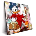 Scrooge McDuck in a cartoon style, holding a money bag and cane, set against a vibrant abstract background.
