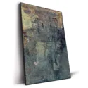 Distressed abstract painting with gray, black, and gold tones.