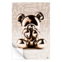 Gold metallic bear sculpture on a graffiti-inspired cream background with abstract patterns.