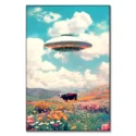 Pastel painting of a cow in a meadow with a UFO in the sky.