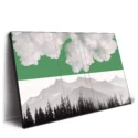 A surreal mountain landscape with a green-tinted sky, filled with striking clouds, evoking intensity and drama.
