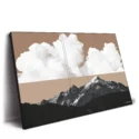 Mountain landscape with a soft tan sky, white clouds, and dark forested peaks, creating a peaceful yet dramatic natural scene.