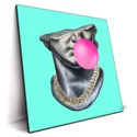 Teal Statue of David with a pink bubblegum bubble and gold chain, pop art style.
