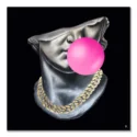 Statue of David with a pink bubblegum bubble and gold chain, pop art style.