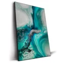 Abstract artwork featuring swirling turquoise and white hues with metallic silver and black accents, resembling ocean currents or mineral formations.