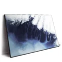 Abstract blue and white fluid art print with deep navy swirls and icy white accents, resembling ocean waves or a glacier.