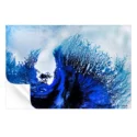Abstract blue wave artwork with deep indigo and electric blue splashes against a light, misty background.