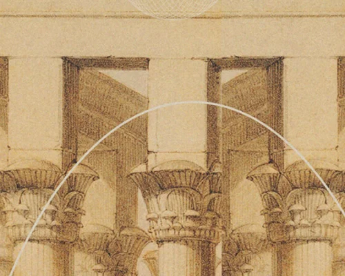 Sepia and red hipstoric wall decor shows close up of Greek Parthenon pillars.