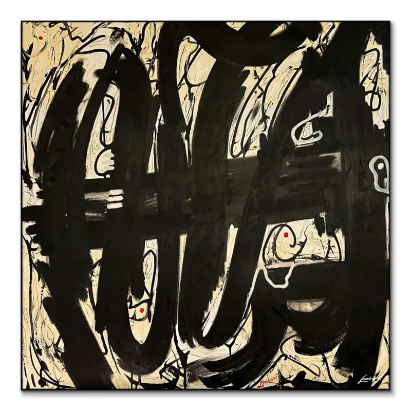 Abstract artwork with bold black brushstrokes, off-white backdrop, fine swirling lines, and sporadic red dots.