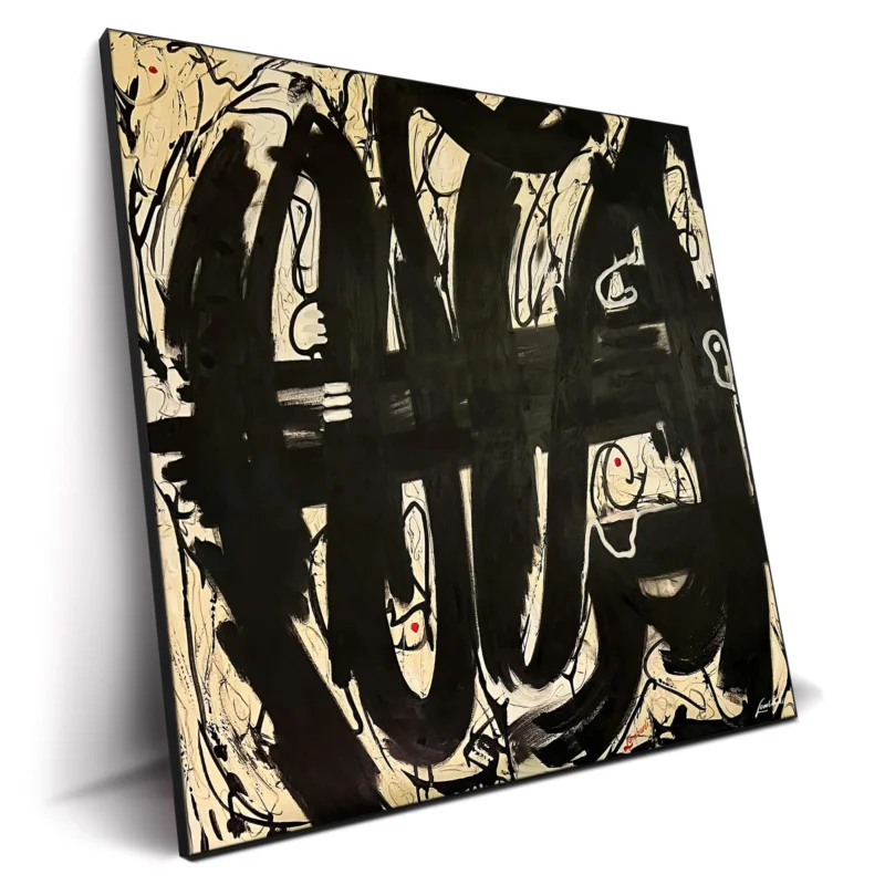 Abstract art featuring black brushstrokes, off-white background, fine lines, and subtle red dots.