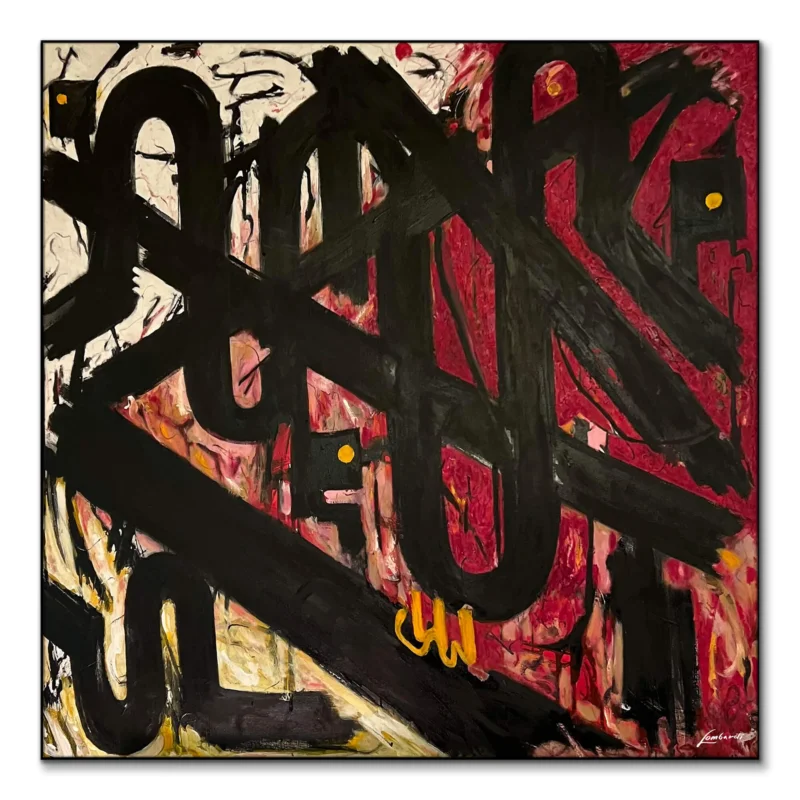 Abstract artwork with bold black brushstrokes over a textured red and neutral background with small yellow dots.