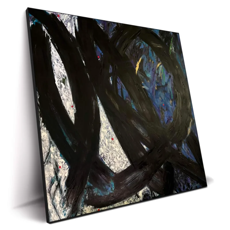 Abstract painting with black brushstrokes with white and blue background, accented by small red dots.