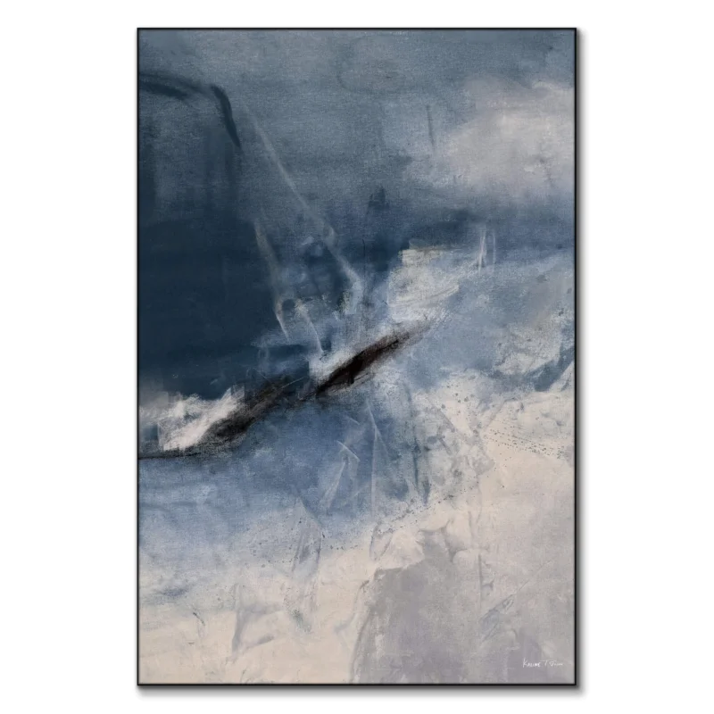 Serene abstract landscape in blues and grays brushstrokes.