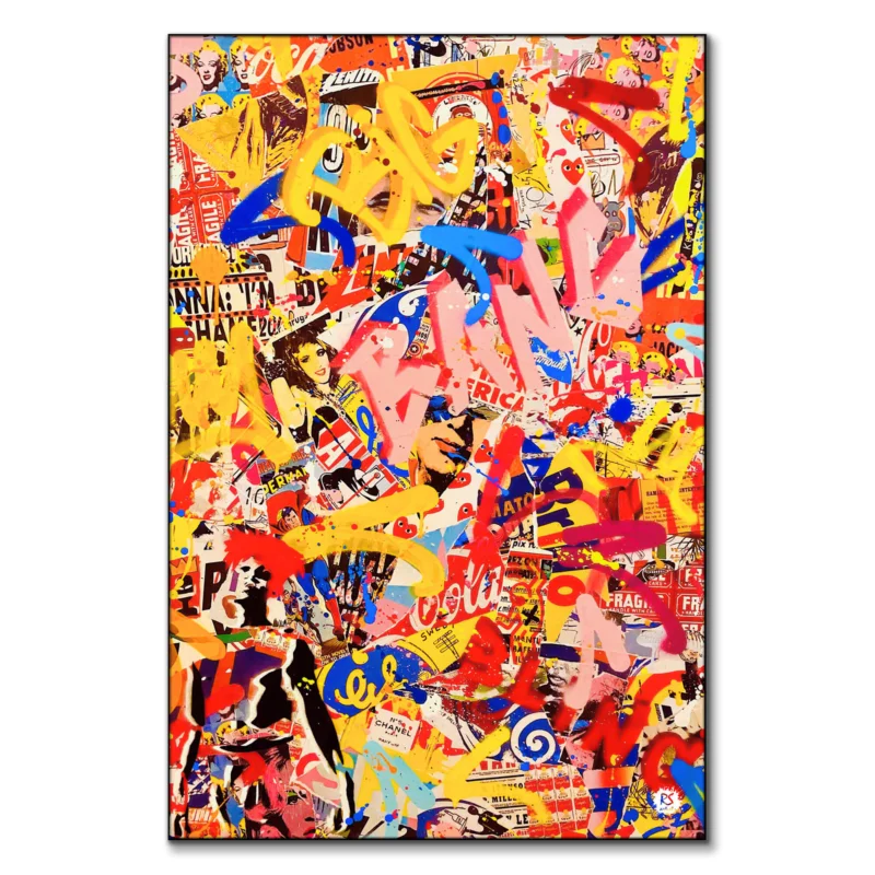 Collage spray paint artwork with pop culture images, vintage ads, and colorful graffiti.