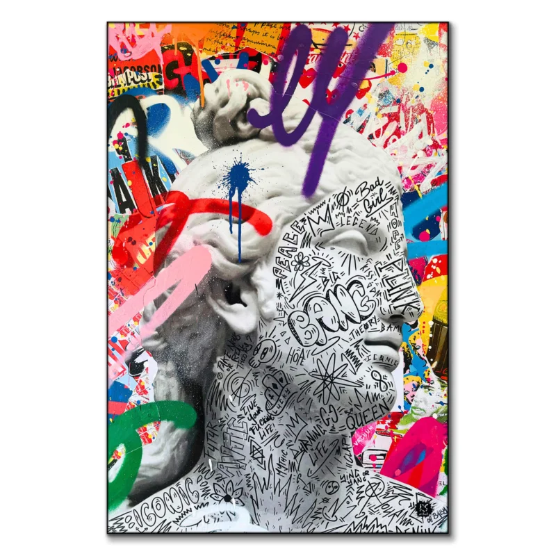 Classical sculpture with modern doodles and colorful graffiti.