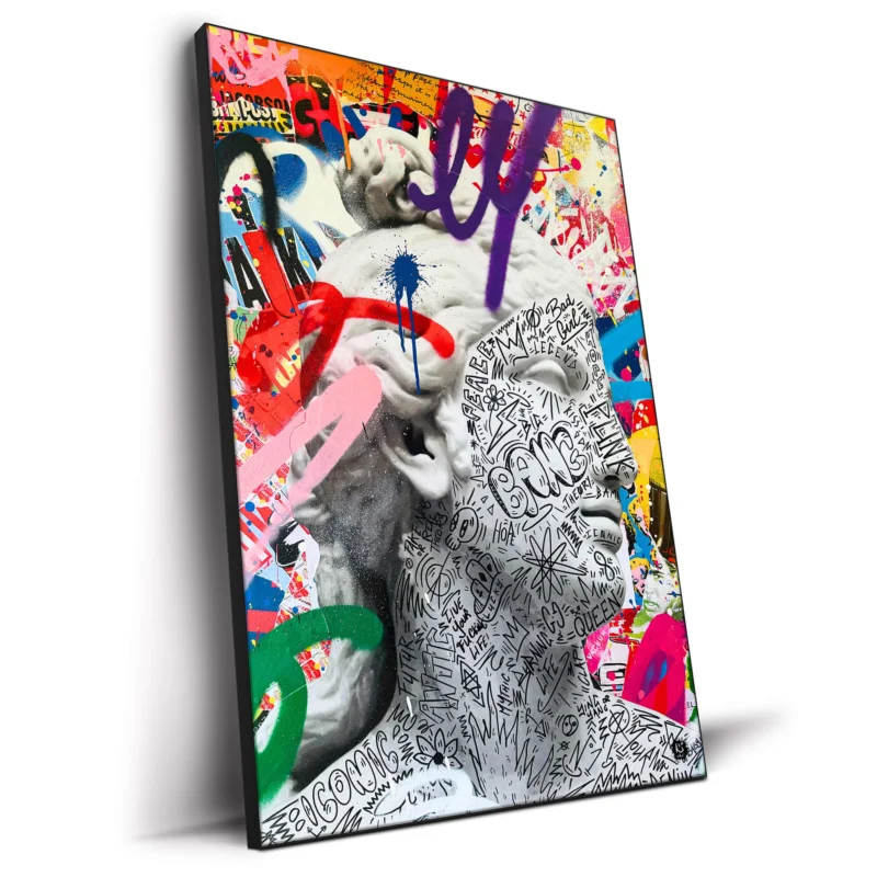 Classical statue with modern doodles and colorful graffiti.