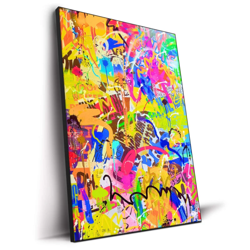 Abstract art with bright colors, paint splatters, and graffiti-style markings.