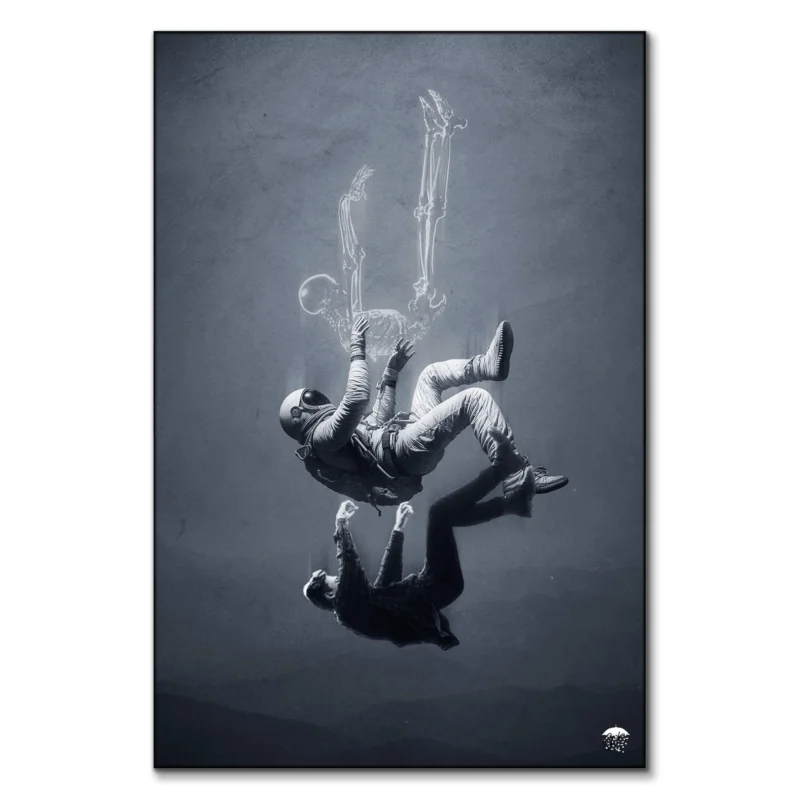 Falling astronaut, skeleton and man in surreal collage art against gray background.