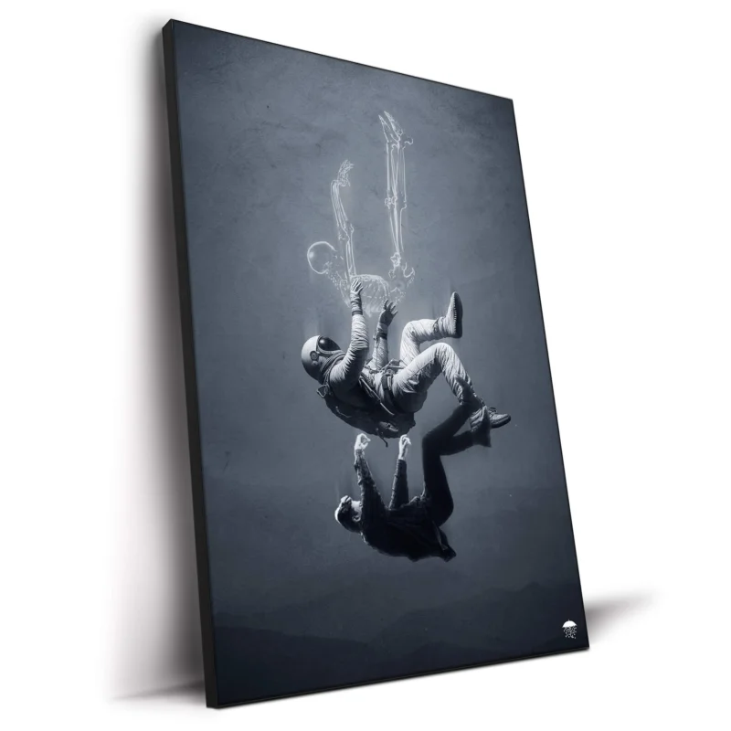 An astronaut falls, above him a skeleton falls and below him, a man falls, set against a gray background.