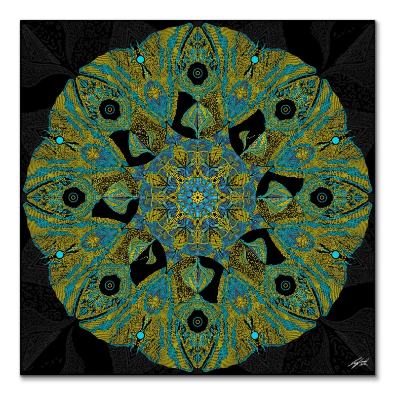 Intricate pattern with green and yellow lines radiating from a center against a textured black background.