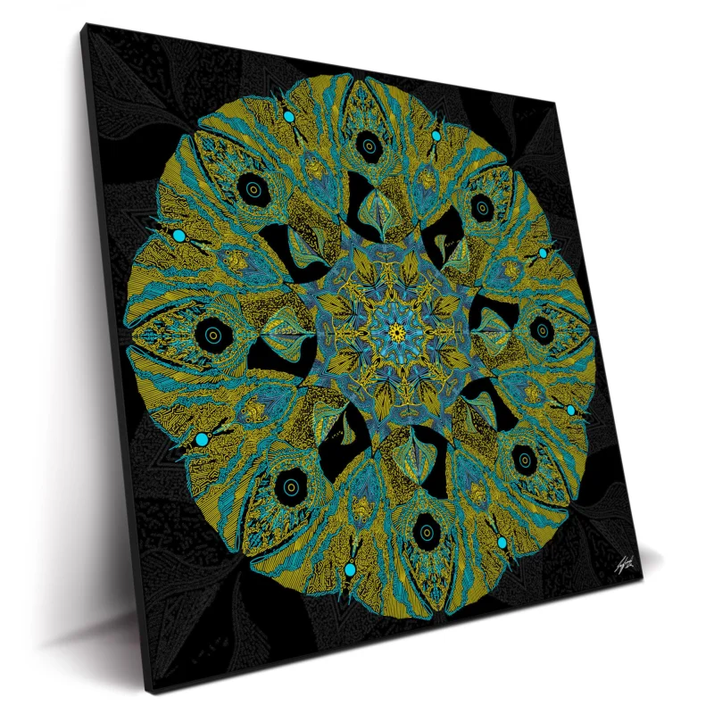 Kaleidoscope pattern with green and turquoise lines radiating against a patterned black background.