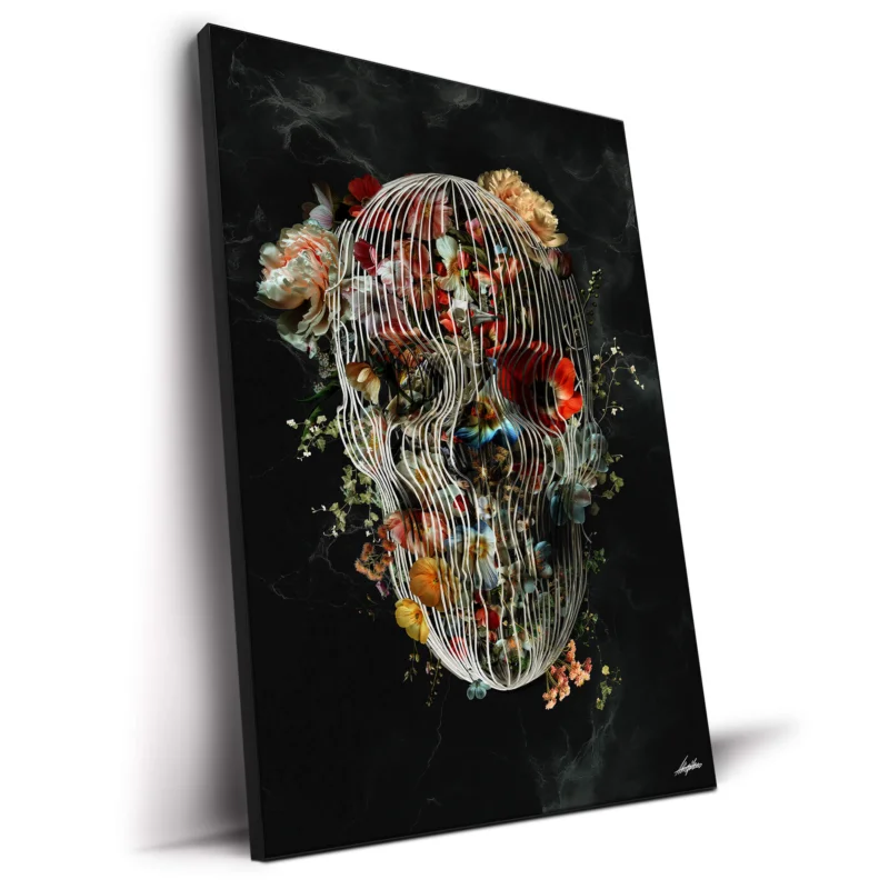 Skull formed by white cage-like lines filled with colorful flowers against a dark background.