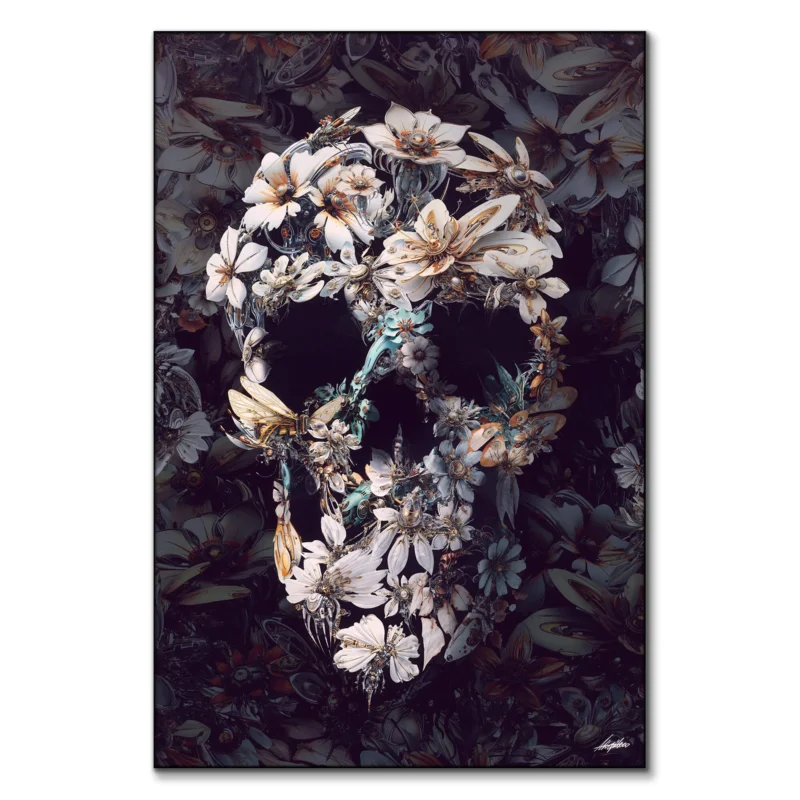 Skull created from white and pale flowers with butterflies and insects against a dark background.
