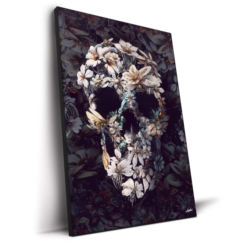 Steampunk skull created from white and pale machine flowers with butterflies and insects against a dark background.