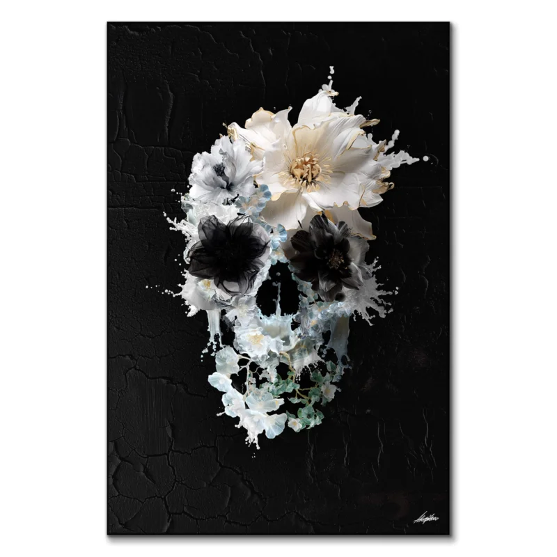 Skull formed by white and black flowers with abstract splashes on a dark, textured background.