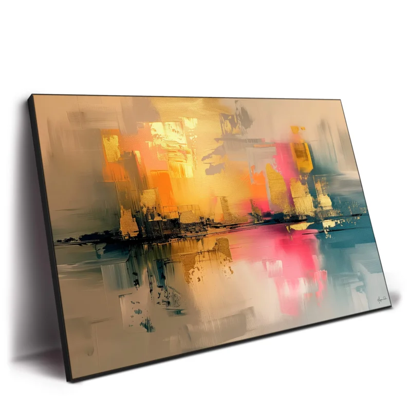 Gold and orange tones reflected in softer pinks and blues, creating balance.