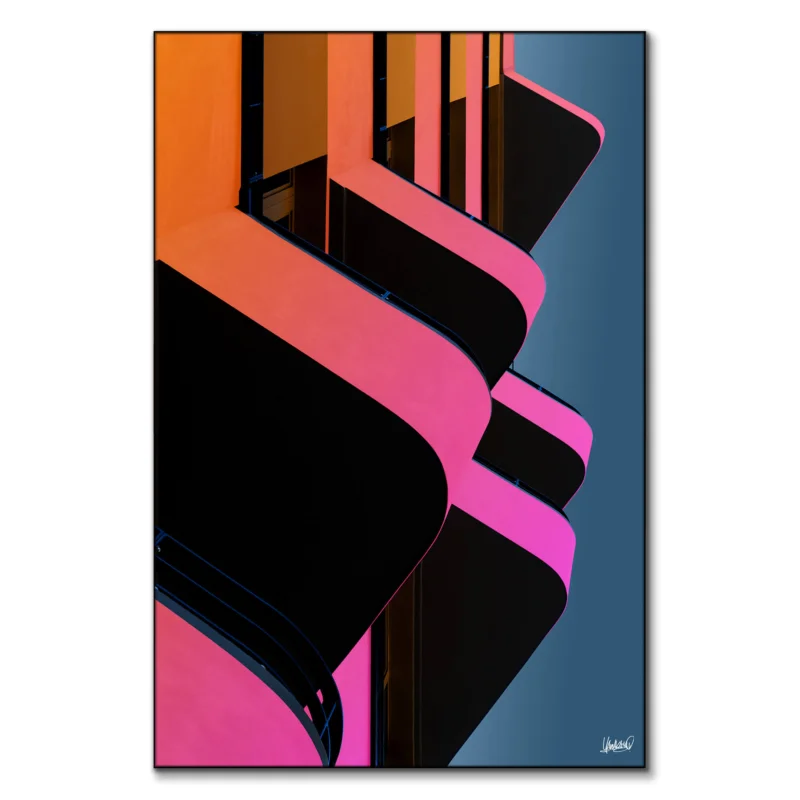 Tall building balconies with neon pink and orange overlapping elements and deep shadows.